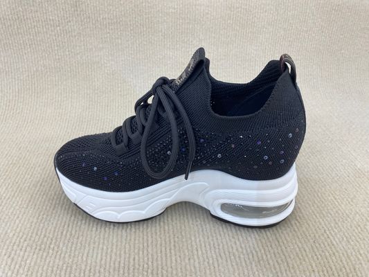 Flyknit Black Platform Loafers With Crystal Surface And Breathable Mesh