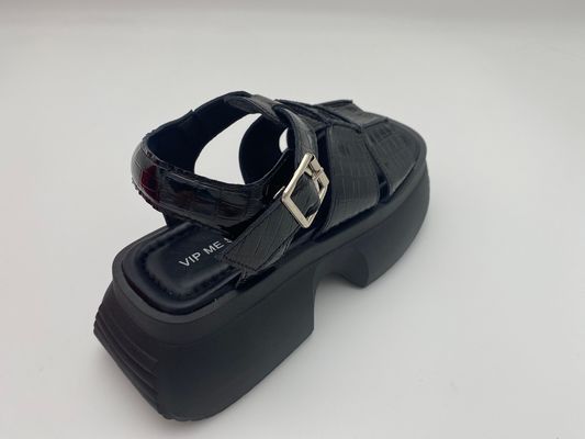 여자 여름 검은색 두꺼운 발바닥 샌들 금속 버튼과 함께